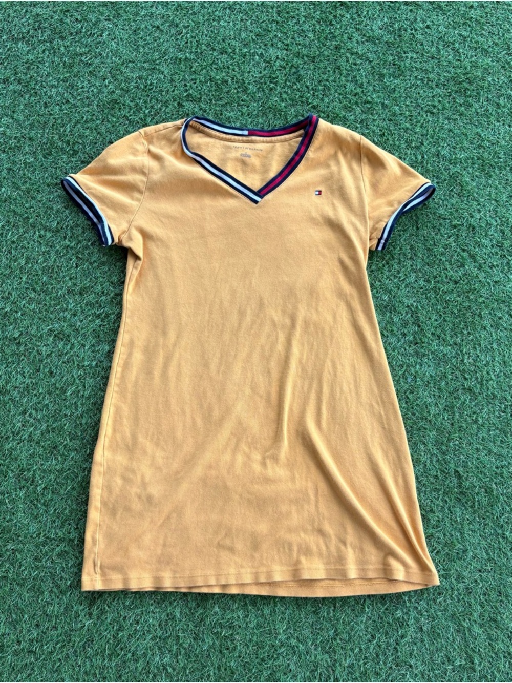 Tommy Hilfiger Mustard Yellow V-Neck Tee with Signature Stripe Trim